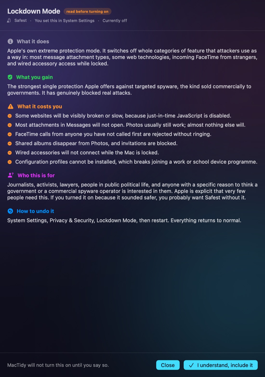 The Lockdown Mode explainer, listing what it does, what you gain, six specific things it costs you, and who it is for.