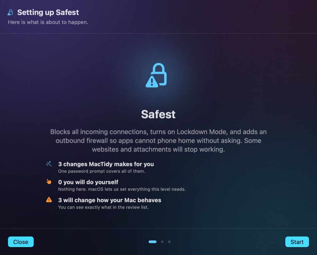 The walkthrough intro, counting the changes MacTidy will make, the ones you will do yourself, and the ones that change how your Mac behaves.