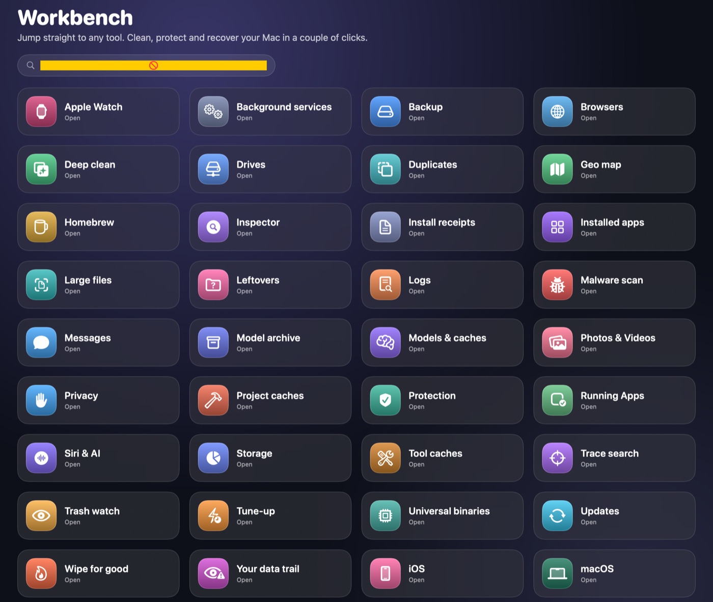 The MacTidy Workbench, a grid of every tool in the app.